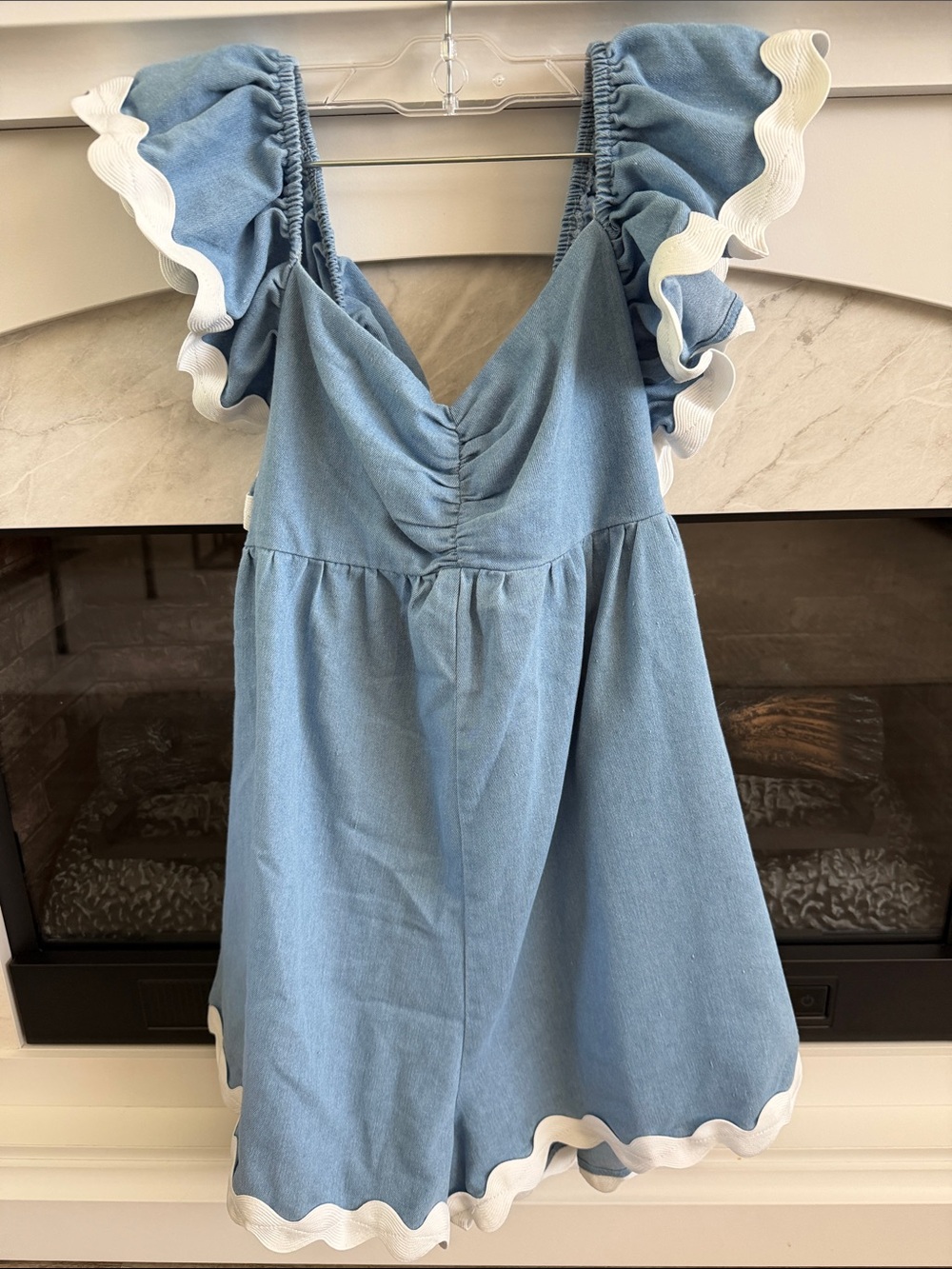 Main Strip Light Blue Ruffle Trim Romper